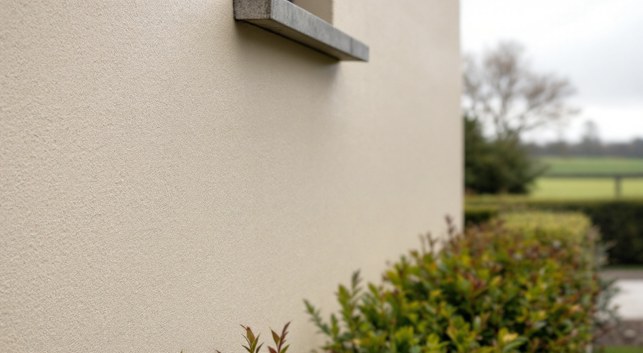 Mur en enduit monocouche gratté beige clair marqué de verdissures sous un appui de fenêtre, microfissures visibles en lumière rasante.