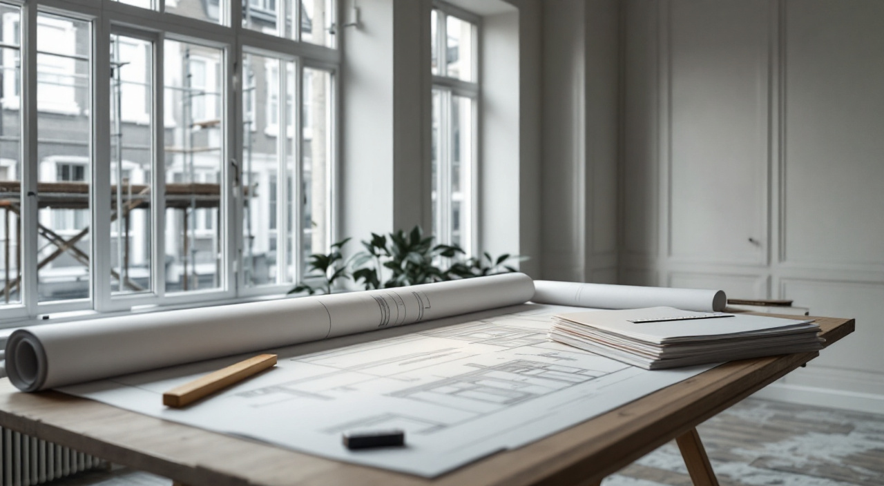 Table de travail avec un plan d'élévation de façade, un mètre pliant et des pièces écrites, devant une fenêtre donnant sur un échafaudage