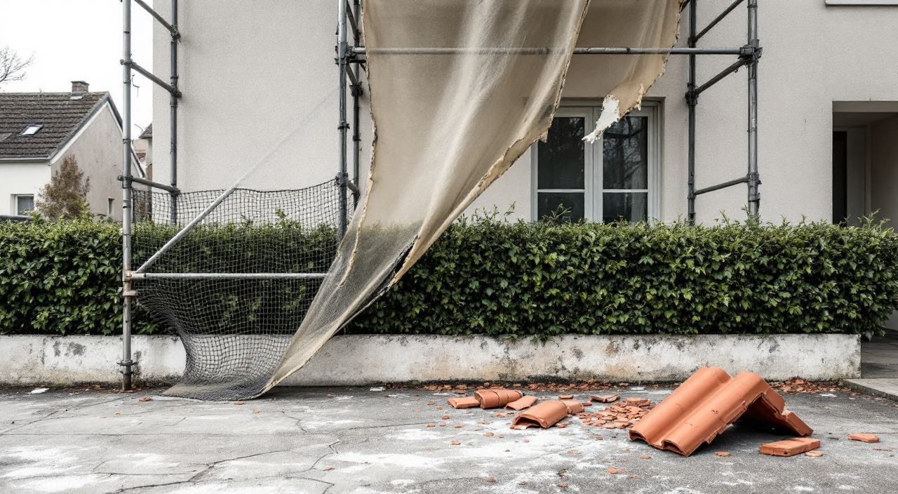 Tuile brisée au pied d'un échafaudage de ravalement, sur une allée béton, avec un filet de protection déchiré