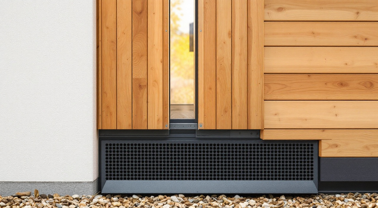 Détail d'un bardage bois posé sur ossature devant un mur enduit, avec la lame d'air visible et la grille de ventilation en pied