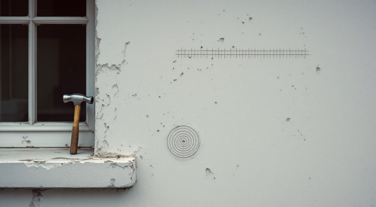 Mur enduit ancien d'une maison ouvrière avec quadrillage de test d'adhérence incisé et marques de sondage à la craie