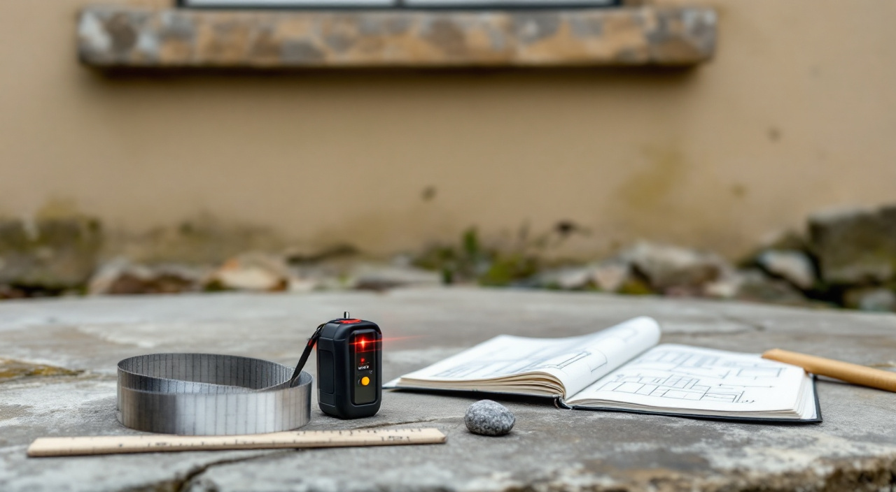 Ruban à mesurer, télémètre laser et carnet de croquis cotés posés sur une marche devant une façade enduite