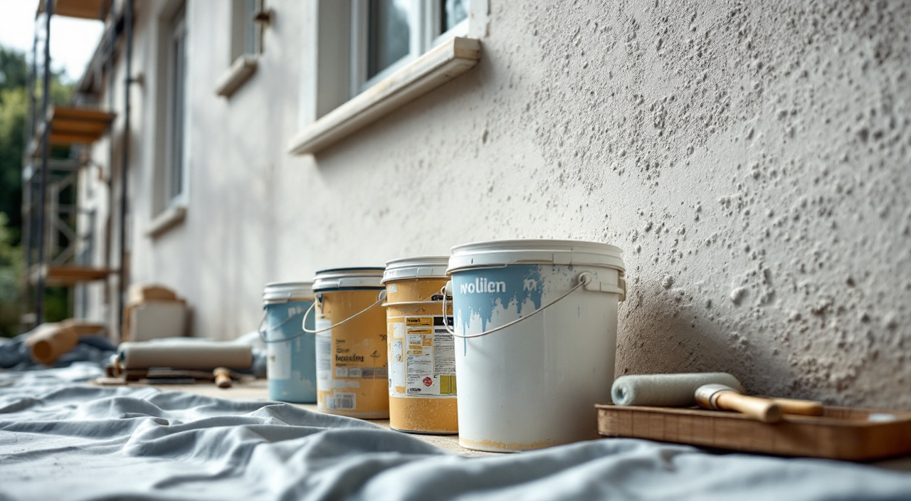 Seaux de peinture ouverts et outils alignés au pied d'une façade enduite en cours de chantier
