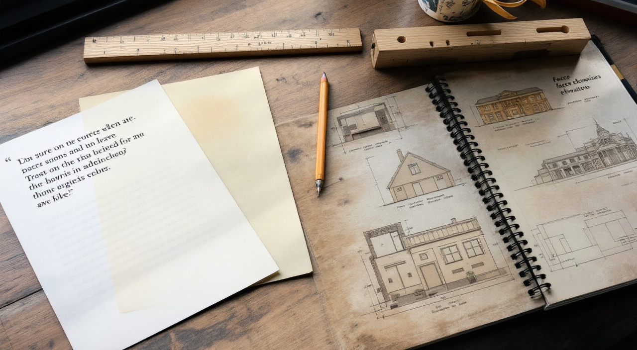 Trois devis étalés sur un bureau à côté d'un mètre pliant et d'un carnet où sont dessinées les façades cotées