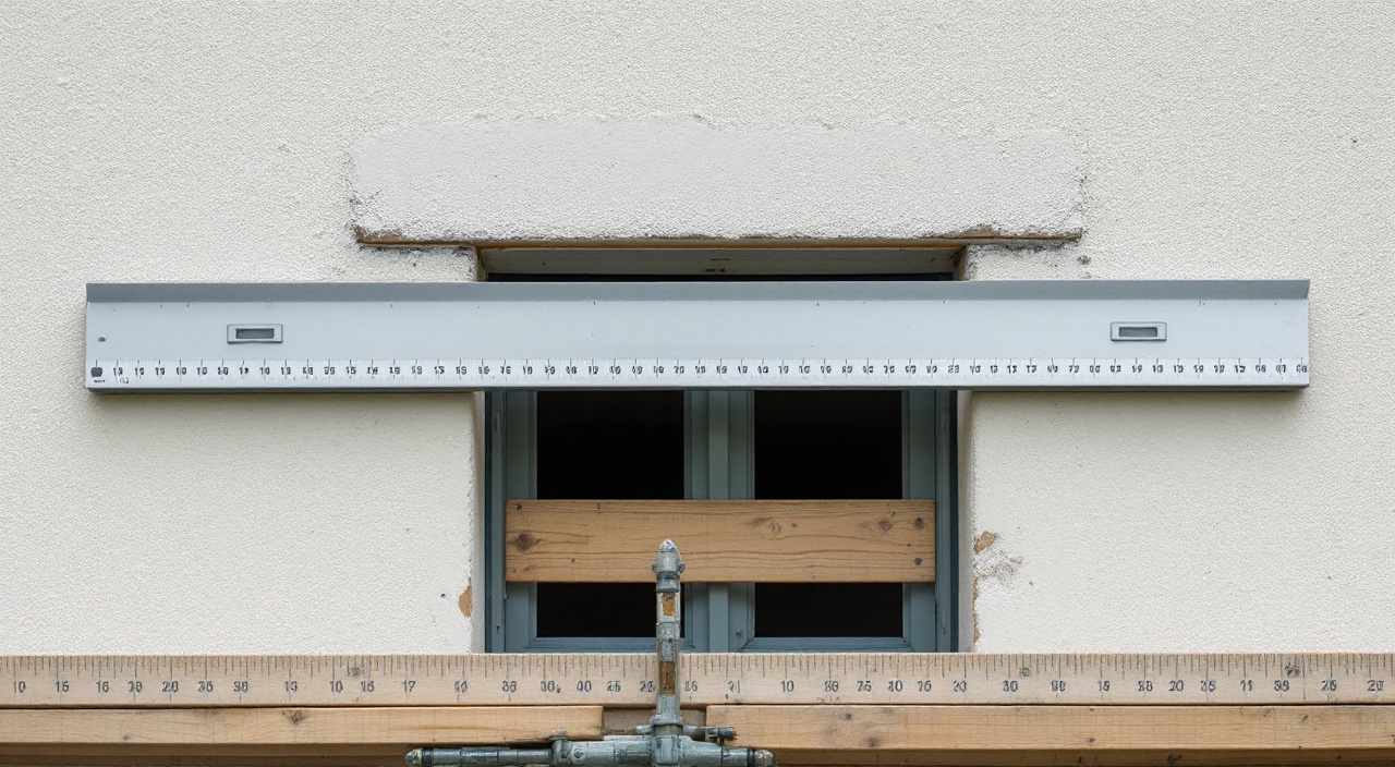 Règle appliquée contre un enduit de façade fini, laissant apparaître un jour mesuré à la cale