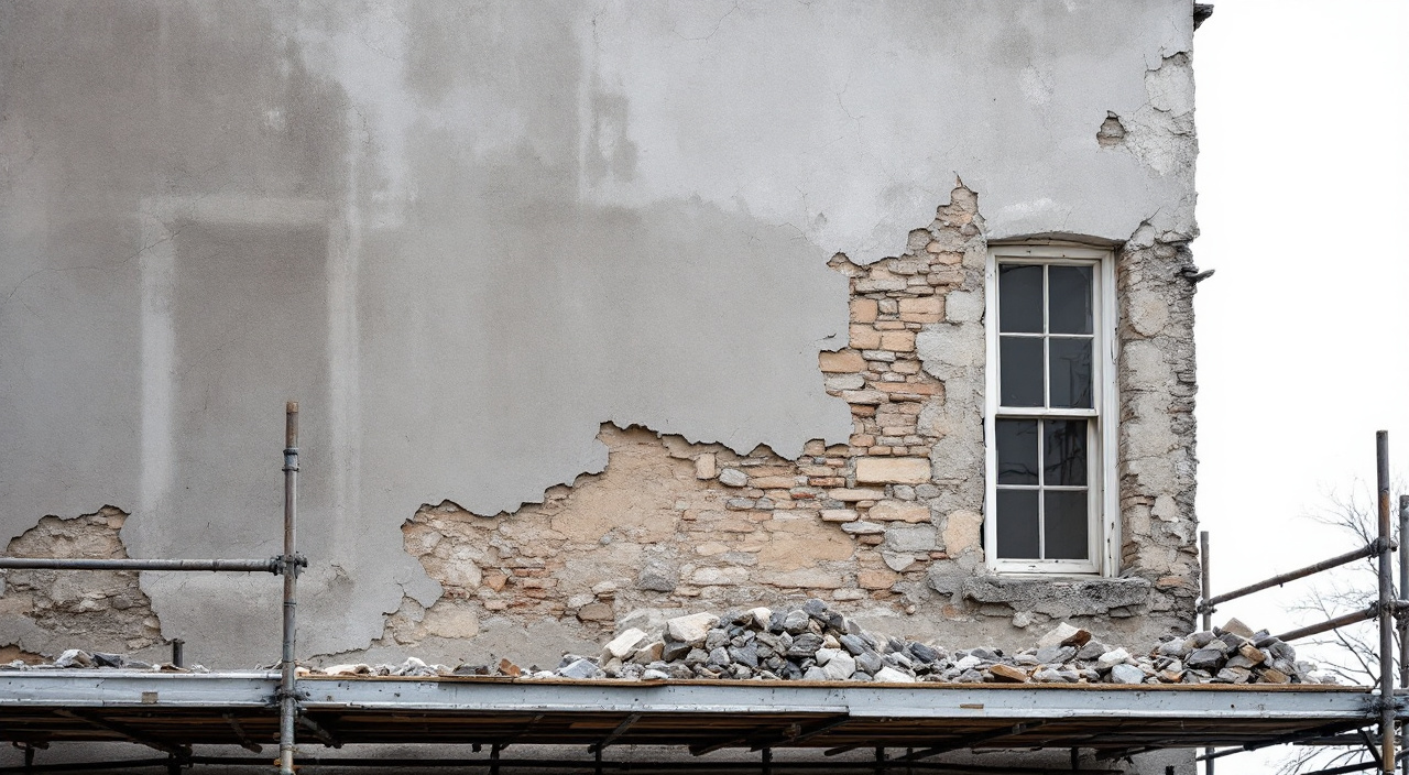 Façade en cours de décroûtage : enduit ciment fissuré en haut, maçonnerie de pierre et brique mise à nu en bas
