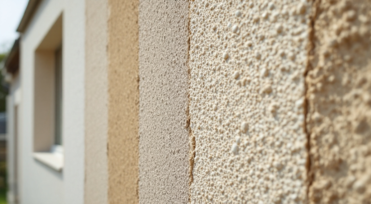 Gros plan d'un mur de façade montrant côte à côte quatre finitions d'enduit : taloché, gratté, écrasé et ribbé.