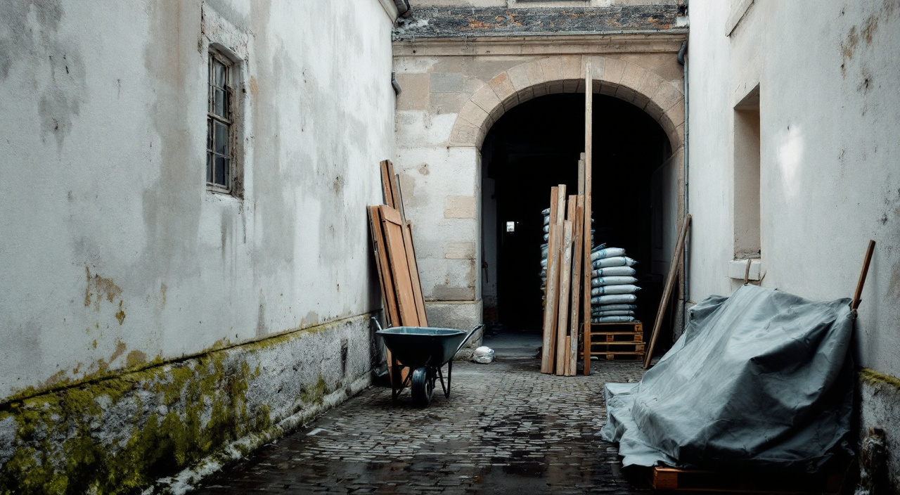 Cour intérieure étroite d'une maison normande, éléments d'échafaudage et sacs de mortier stockés avant portage vers le pied de mur