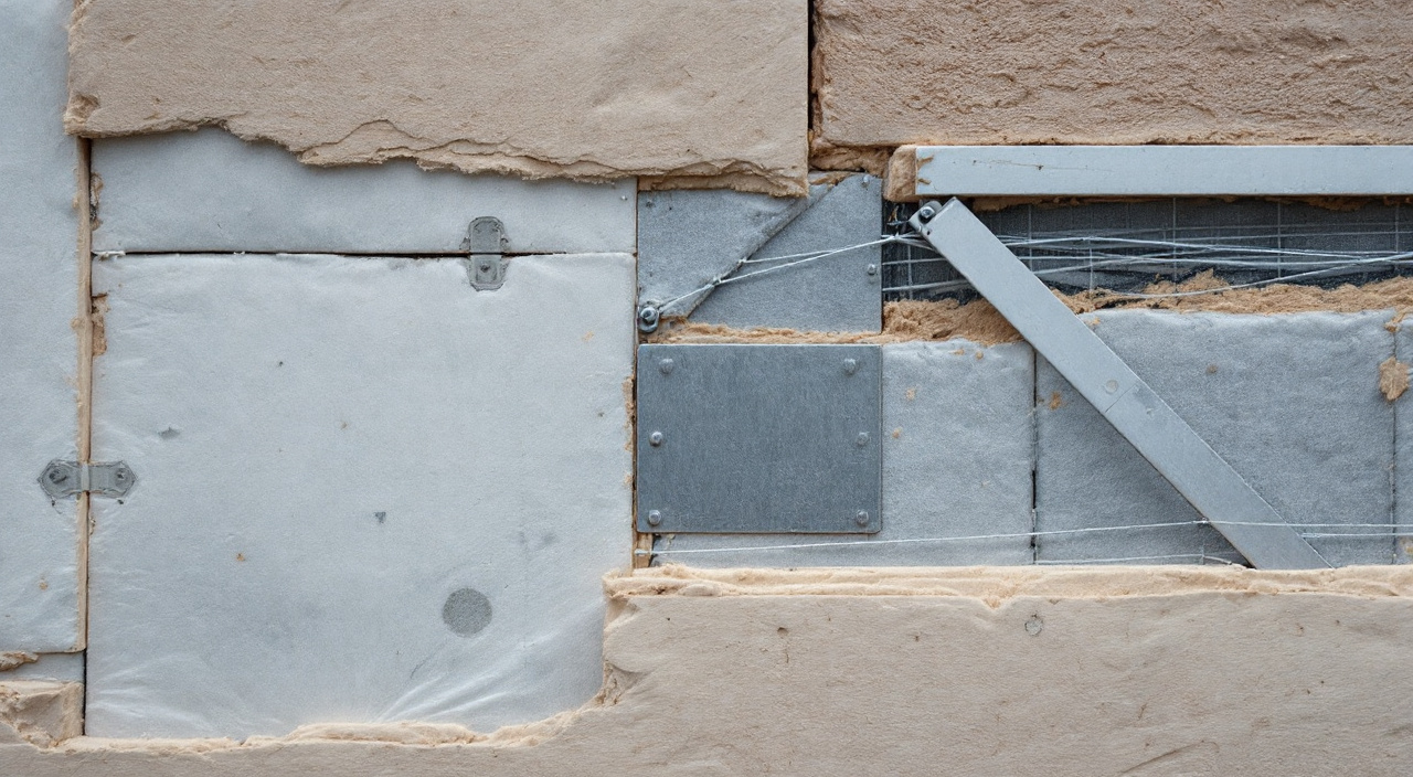 Platine métallique traversant l'isolant d'une façade en cours d'isolation par l'extérieur