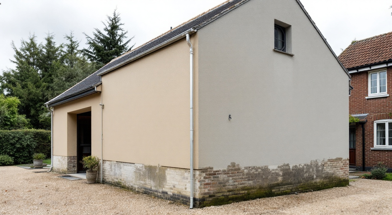 Garage accolé au pignon d'une maison normande, enduit ancien du garage contrastant avec l'enduit clair de la maison, tour d'échafaudage à l'angle