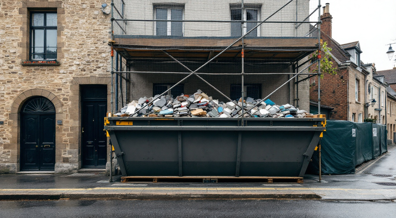 Benne de chantier au pied d'un échafaudage bâché, avec goulotte à gravats descendant jusqu'au contenant