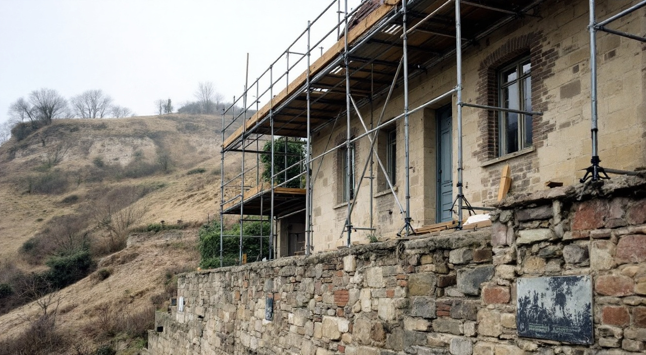 Échafaudage calé sur vérins et semelles bois au pied d'une façade en moellons, sur un terrain en pente