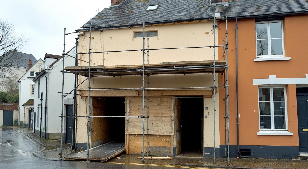Façade étroite d'une maison de bourg à l'alignement de la rue, échafaudage monté avec passage piéton protégé au rez-de-chaussée