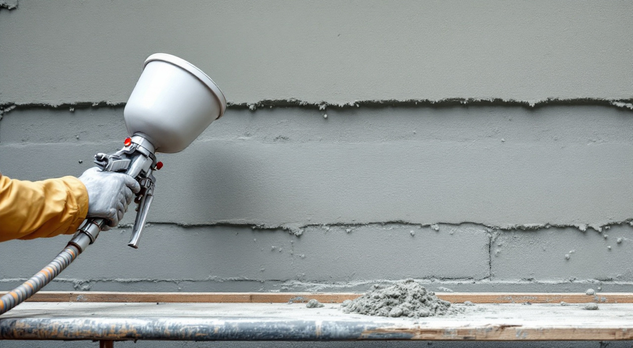 Lance d'une machine à projeter dirigée perpendiculairement vers un mur de façade recouvert d'enduit frais, sur un plancher d'échafaudage