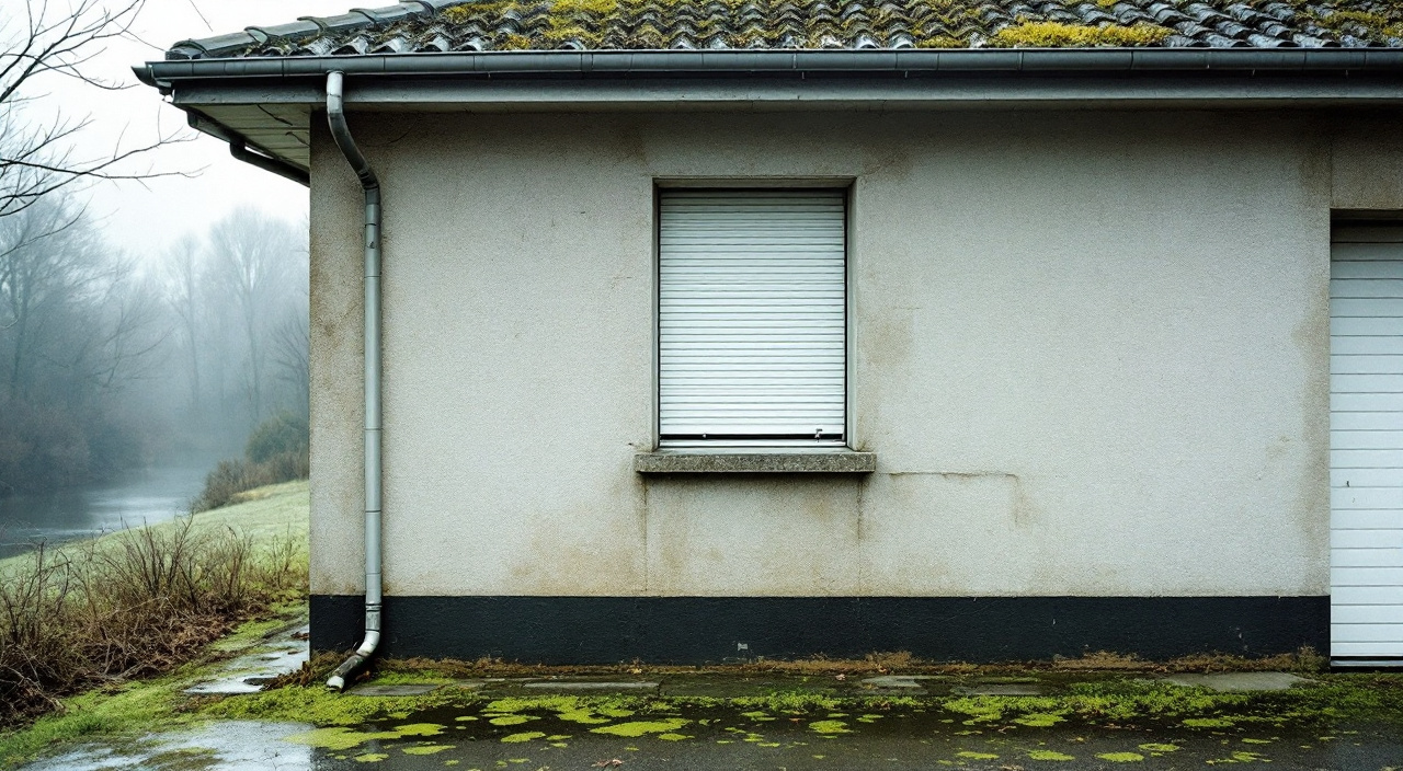 Façade latérale d'un pavillon des années 1970 : crépi projeté vieilli, soubassement sombre, coffre de volet roulant et jonction avec le garage accolé