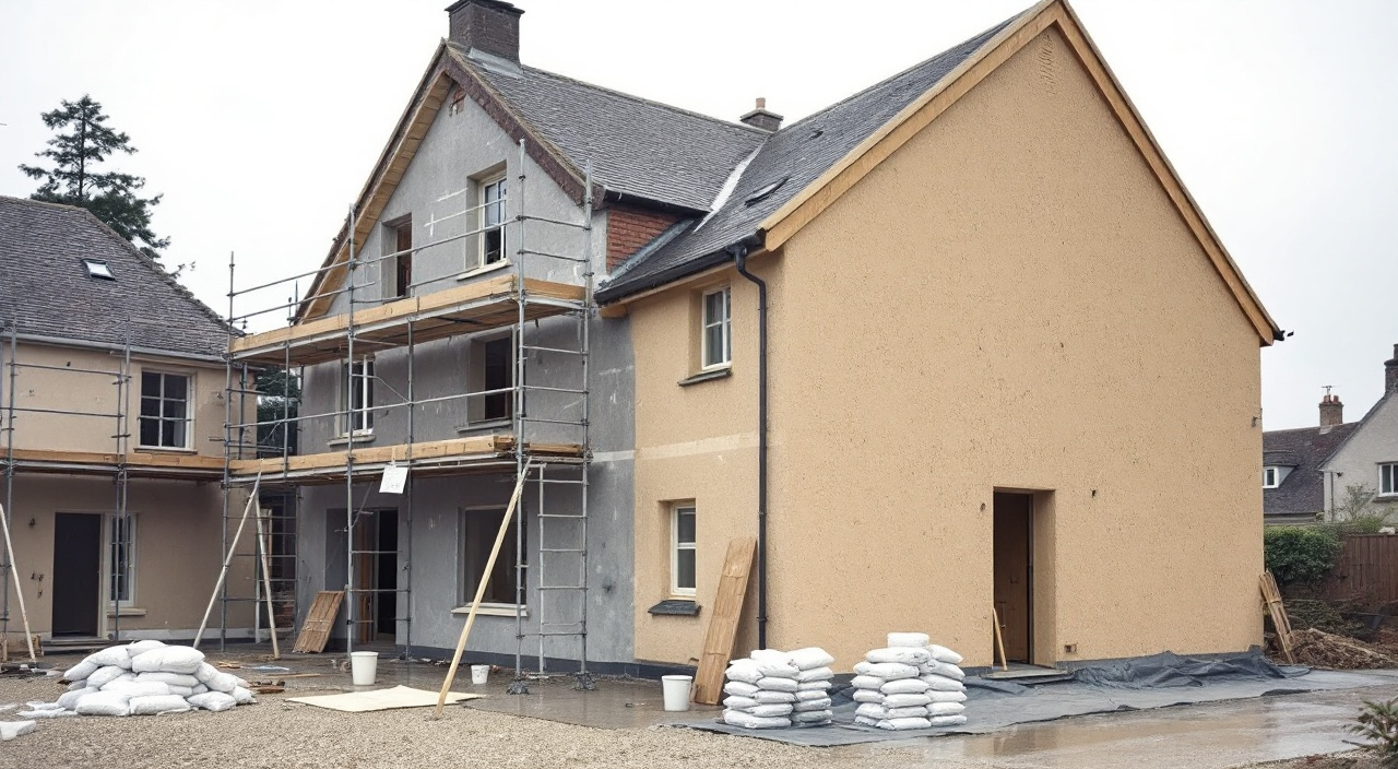 Angle d'une maison sous échafaudage avec une façade décapée et la façade voisine déjà enduite