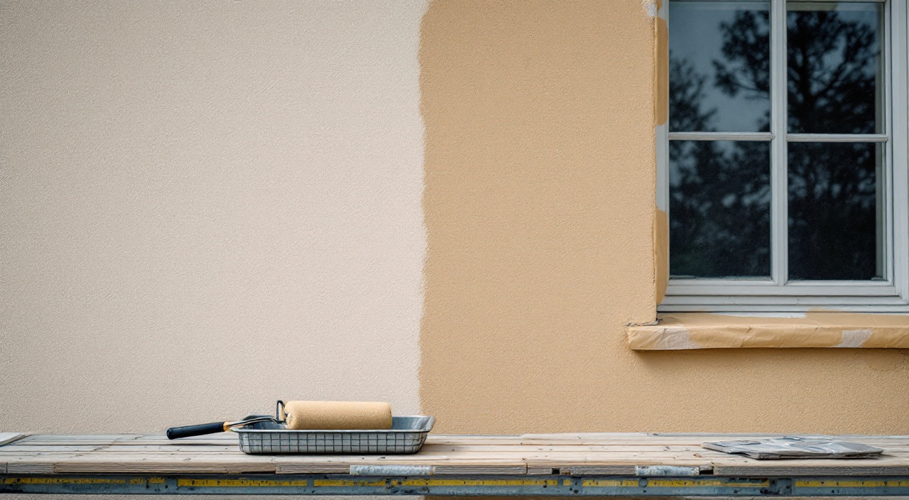 Rouleau à poils longs et bac de peinture posés sur un plateau d'échafaudage devant une façade enduite dont une moitié vient d'être peinte.