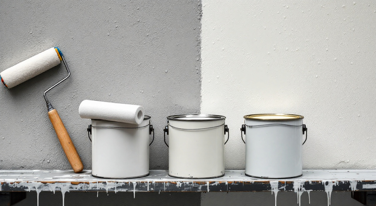 Trois pots de peinture de façade ouverts sur une planche d'échafaudage devant un mur enduit à moitié repeint