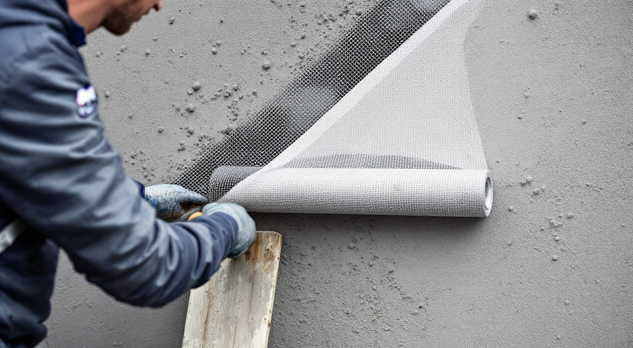 Trame de fibre de verre en cours de maroufflage dans une passe fraîche de corps d'enduit, avec une écharpe diagonale déjà noyée à l'angle d'une fenêtre