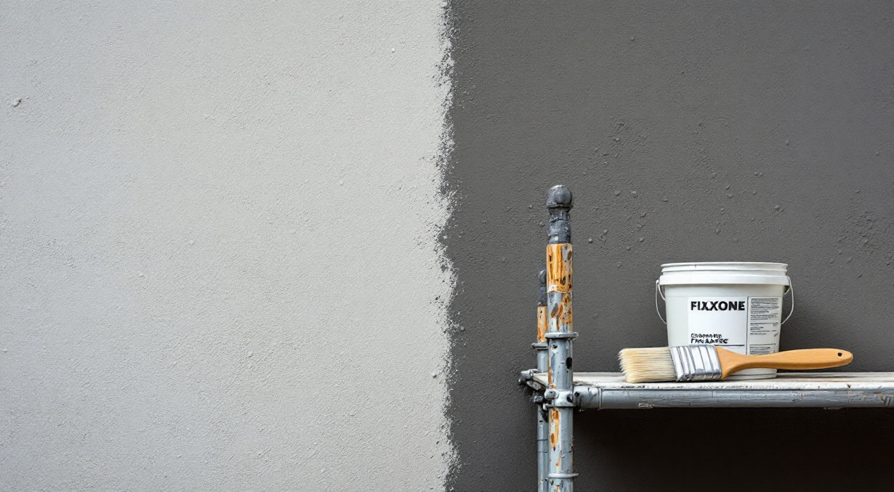 Mur de façade dont une moitié reçoit une sous-couche liquide, l'autre restant sèche et farinante