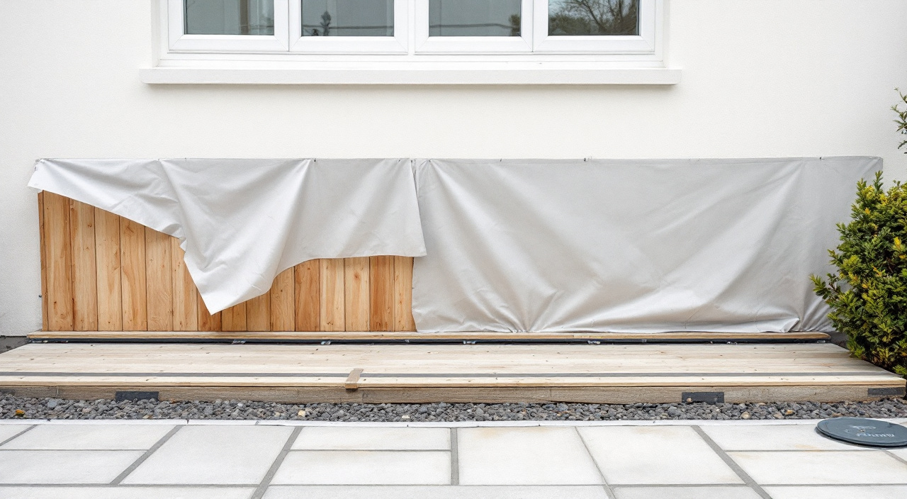 Pied de façade dégagé, pieds d'échafaudage calés sur madriers et terrasse bâchée avant un ravalement