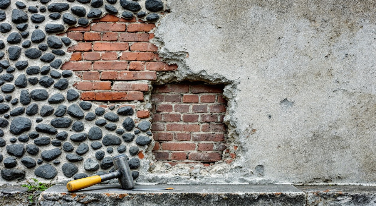 Mur ancien mêlant silex et brique, avec un carré d'enduit à la chaux piqué pour mettre le support à nu, un maillet et un ciseau posés sur l'appui.