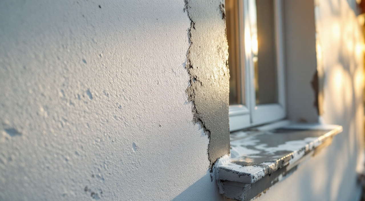 Façade enduite après démontage de l'échafaudage, avec une limite de teinte verticale et des projections sur un appui de fenêtre