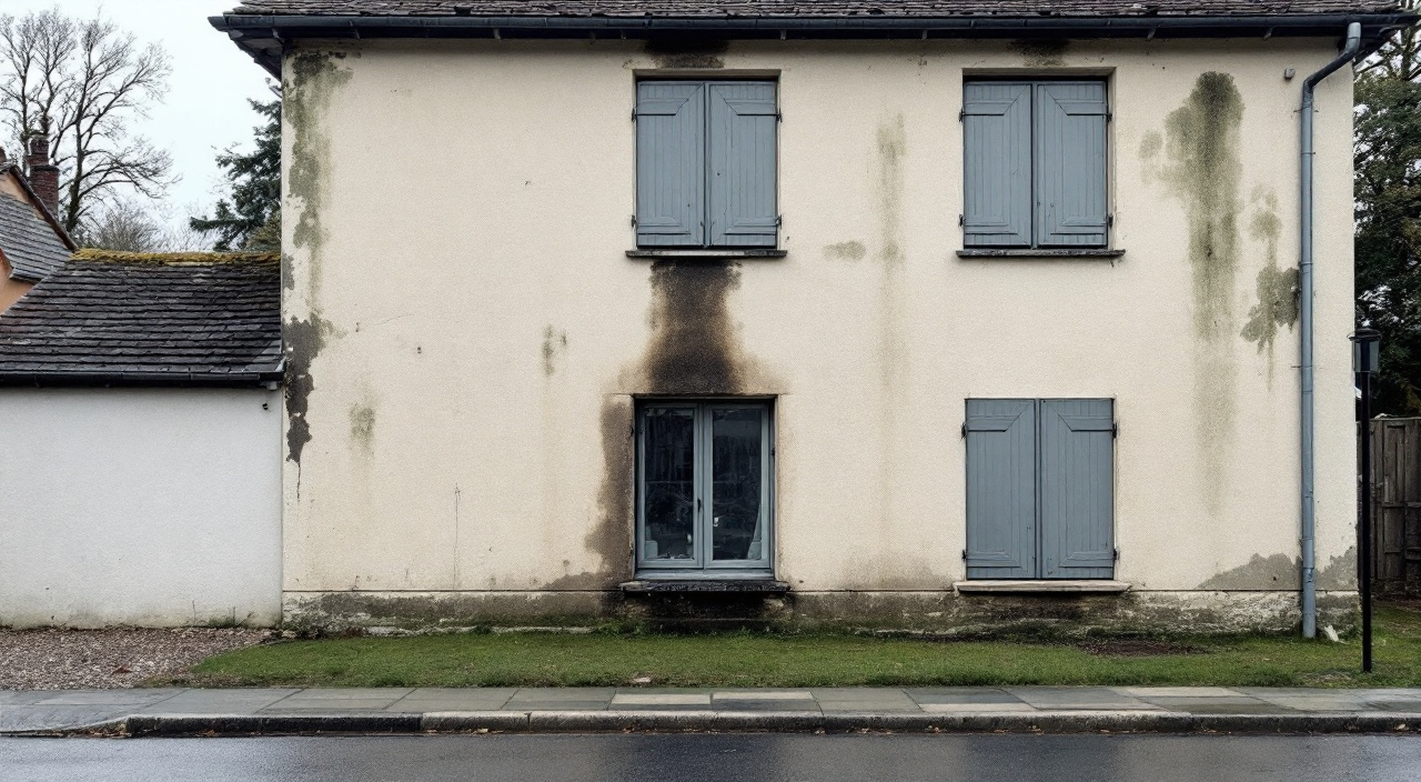 Façade enduite d'une maison de deux niveaux, verdie côté nord et marquée de coulures sous une descente d'eau, vue depuis le trottoir