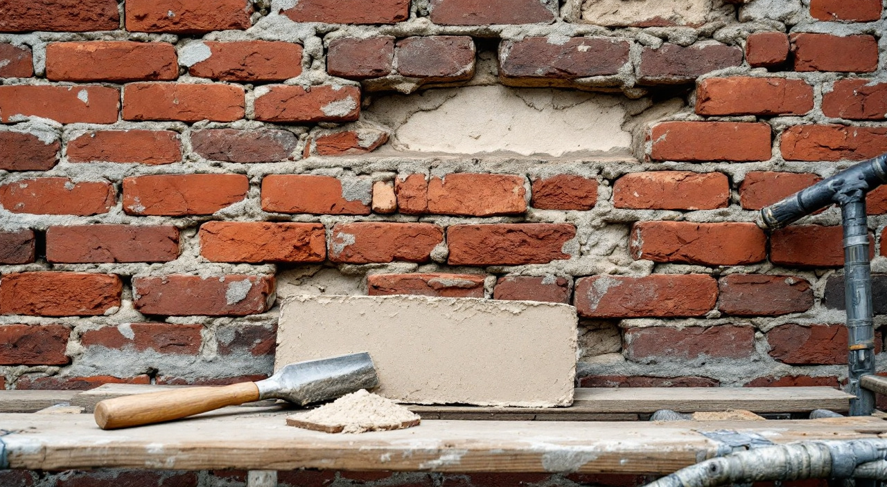 Détail d'un mur de brique ancienne aux joints de chaux érodés, avec plusieurs briques feuilletées par le gel