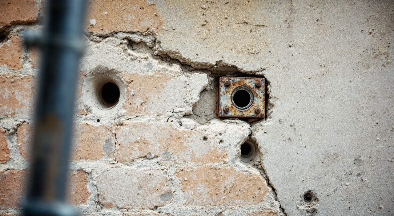 Mur de façade décapé avec trous de scellement et saignée rebouchés au mortier avant application de l'enduit