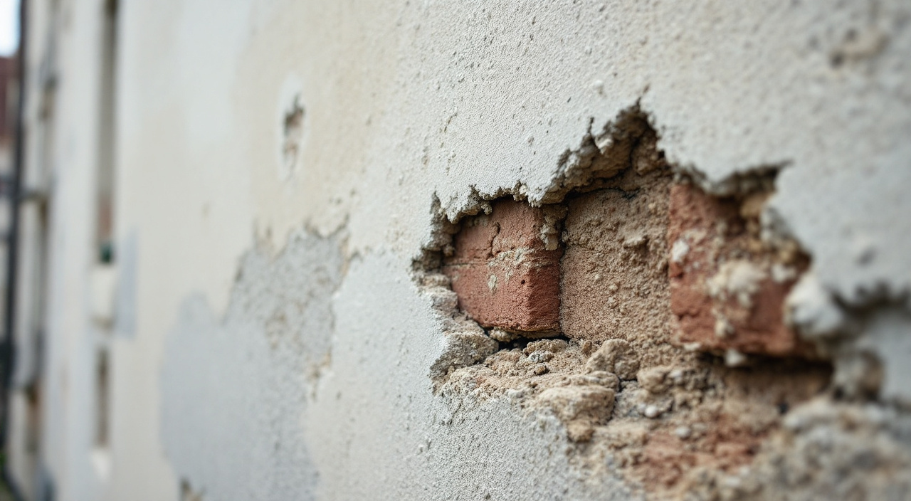 Prélèvement d'enduit au burin en pied de façade, laissant voir les couches successives et la maçonnerie