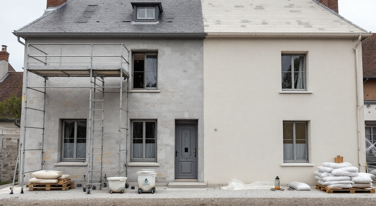 Façade de plain-pied à moitié enduite, maçonnerie nue à gauche et enduit neuf gratté à droite, avec échafaudage roulant et sacs d'enduit