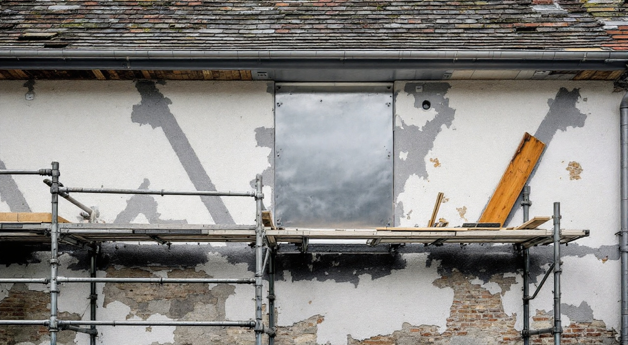 Maison échafaudée dont la couverture et la gouttière viennent d'être refaites, la façade restant à ravaler